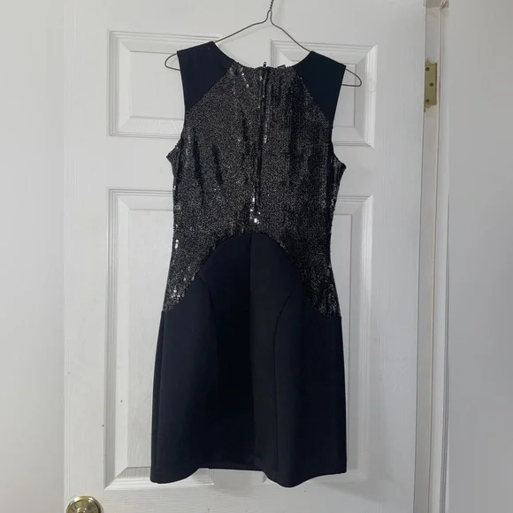 Black Bodycon Sleeveless Party Dinner Dress with Black and Gold Sequins - Picture 2 of 3